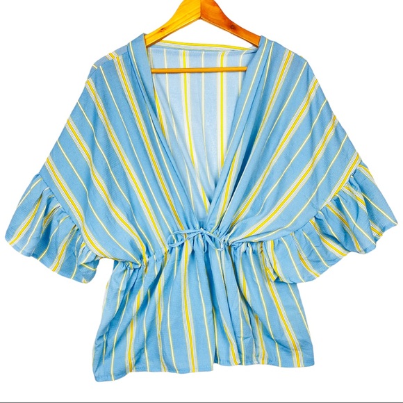 Boho V Neck Striped Flutter Short Sleeve Surplice Wrap Flowy Top Blue Yellow - Picture 7 of 7